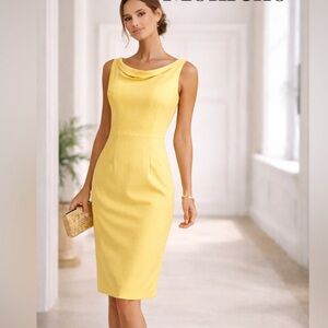 Mohito, Yellow Sheath Dress Draped Neck Back V Cocktail Party Dress EU 36 US 4